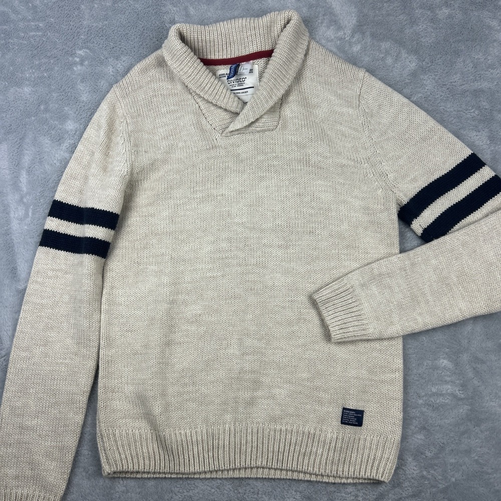 Mens Large Shawl Collar Sweater Varsity Style Accent Stripes Wool Blend Oatmeal